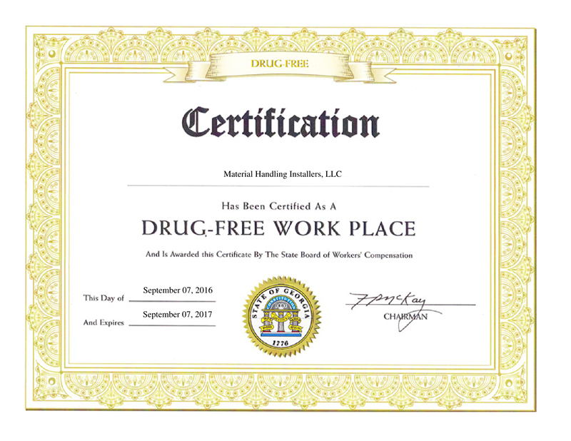 Drug Free Workplace Certificate