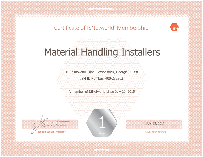 Material Handling Installers ISN Certificate